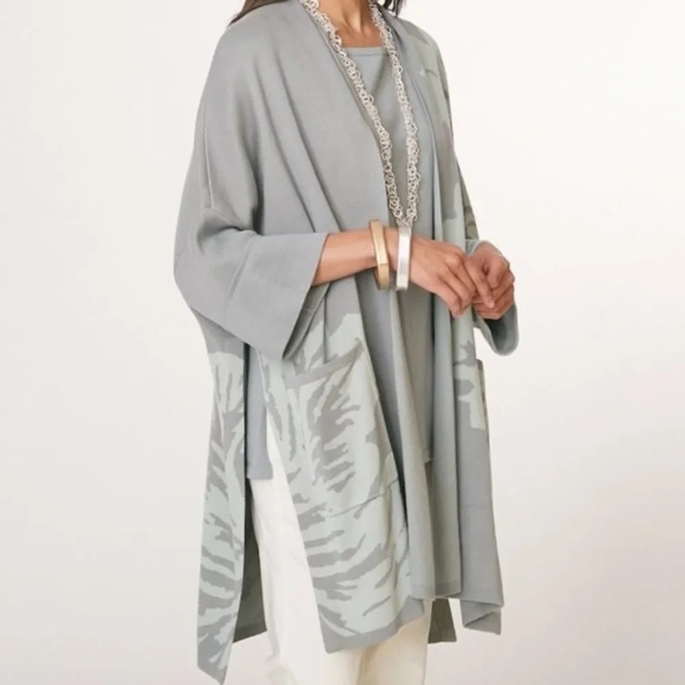 Marla Wynne Sweater Womens XS Gray Green Floral Kimono Open Duster Cardigan